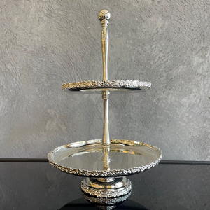 Support à dessert en argent à 2 étages, support à gâteau en argent, support à dessert miroir, support de service de luxe, support pour le goûter - Product Image 1