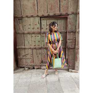 Vestido Ajustado y Evase con Rayas de Arcoíris, Diseño Original, 100% Algodón, Tallas Grandes, Formal, con Volantes, Tirantes Finos, XS-6XL, Ideal para el Trabajo - Product Image 1