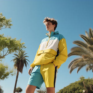 Ensembles de shorts coupe-vent en nylon zippés pour hommes Shorts de pluie à capuche imperméables multi-panneaux ensembles de deux pièces - Product Image 1