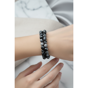 Snowy <b>Obsidian</b> 8mm Double Row Macrame Natural Stone <b>Bracelet</b> - Product Image 4