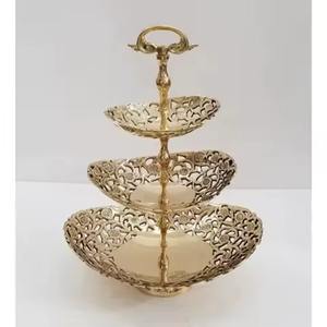 Antique Golden Brass <b>3</b> <b>Tier</b> <b>Cake</b> <b>Stand</b> Decorative Embossed Metal Fruit Bowl & Vintage Style & Party Serving Tray Handicraft - Product Image 1