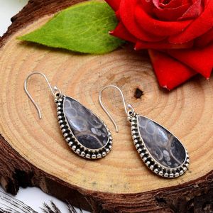 Classic Design <b>Solid</b> 925 Sterling <b>Silver</b> Natural Turritella Agate Gemstone Handmade Bohemian Drop <b>Earrings</b> for Women's Party - Product Image 2
