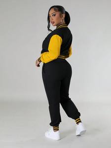 Women's <b>Black</b> Yellow Varsity Tracksuit Set Button Up Jacket with joggers pants 2Pcs Fashion Streetwear Casual Outfit Activewear - Product Image 2