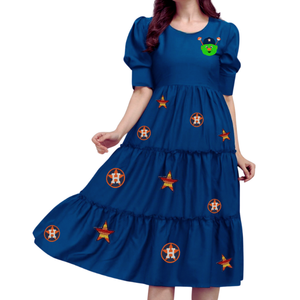 Robe d'été décontractée pour femmes, longueur genou, épaules dénudées, manches bouffantes, pour les jours de match, avec broderie de perles et sequins, respirante, vente en gros - Product Image 2