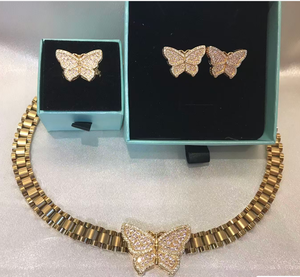 Collar <span class=keywords><strong>de</strong></span> Moda Personalizado con Cadena <span class=keywords><strong>de</strong></span> Eslabones Tipo Nugget <span class=keywords><strong>de</strong></span> Acero Inoxidable, Dije <span class=keywords><strong>de</strong></span> Corazón con Circonita Cúbica y Mariposa - Product Image 1