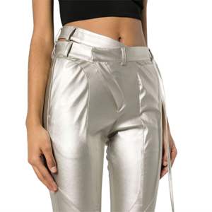 กางเกงเอวไม่สมมาตรเข็มขัดสีเงินดีไซน์แบบผอมตัดเป็นช่องมีห่วงรัดด้านหลังมีกระเป๋าแบบมีสไตล์ - Product Image 4