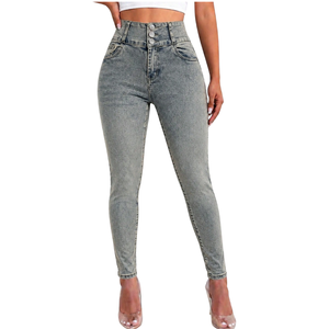 Women High <b>Waisted</b> Skinny Denim <b>Jeans</b> Three Button <b>Elastic</b> Stretch Full Length for Stone Wash Butt Lift Slim Winter Summer - Product Image 1