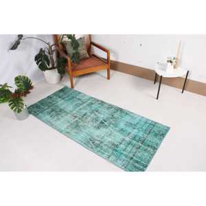 Alfombra Turca Vintage Pequeña de 2.5x5.4 pies, Alfombra con Borde Azul de Lana - Product Image 2