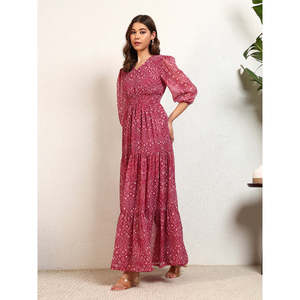 Vestido Maxi de Gasa con Estampado Bandhani, Corte en A, con Volantes y Mangas Abullonadas, Cuello en V, Estilo Casual de Verano para Mujer, Marca DEEBACO - Product Image 3