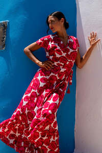 ชุดเดรสสตรีทแวร์ทรงหลวมหรูหราฤดูร้อนผ้าคอตตอน100% เอวพิมพ์ลายแขนยาวสีชมพู - Product Image 2