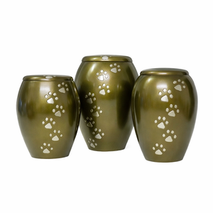 Urne funéraire ronde en métal vert foncé avec couvercle à empreinte de patte assorti pour un rangement simple et élégant des cendres d'animaux de compagnie - Product Image 4