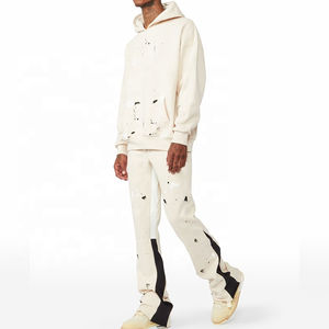 Custom Men's French Terry Sweatsuit Jogger Sets Distressed Patch <b>Applique</b> Raw Hem Flared Sweatpants Hoodie Rhinestone Plus Size - Product Image 2