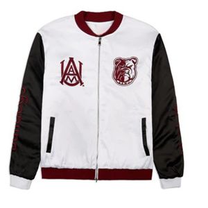 Alabama A & M University personalizado bordado Varsity Bomber chaqueta marrón negro satén piel de oveja transpirable de punto para invierno - Product Image 1