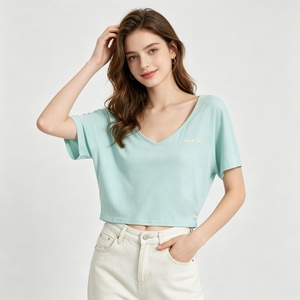 T-shirt court décontracté pour femme, col en <span class=keywords><strong>V</strong></span> oversize, en modal doux et respirant, à manches courtes, basique pour le quotidien - Product Image 4