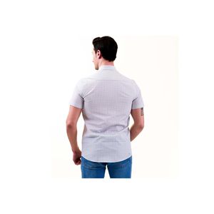 <b>White</b> and Ice Blue Plaid Checkered Chest Placket Detail <b>Slim</b> <b>Fit</b> Short Sleeve Cotton <b>Shirt</b> - Product Image 5