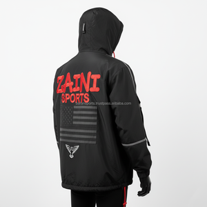 Veste coupe-vent en nylon Premium 210 GSM résistante à l'eau noire avec broderie rouge Logo personnalisé veste coupe-vent à capuche pour homme - Product Image 4