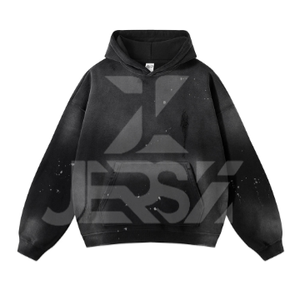 2024 Streetwear Casual Knitted Fleece Hoodie Distressed 100% Cotton Washed Black Baggy Fit <b>Dropped</b> Shoulder Printed Logo Solid - Product Image 2