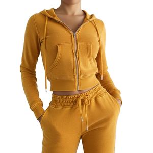Vente en gros de sweat-shirt à capuche court à manches longues en denim délavé d'hiver avec cordon de serrage Pantalon personnalisé avec logo Femme Streetwear décontracté haut court pour femme 2026 - Product Image 2