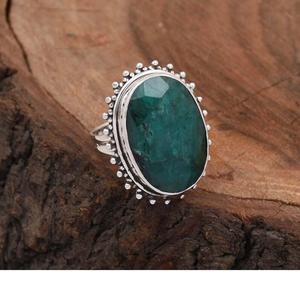 Bague émeraude en argent sterling 925 grande pierre précieuse ovale déclaration bande fendue bague de créateur perlée cadeau pour elle - Product Image 2