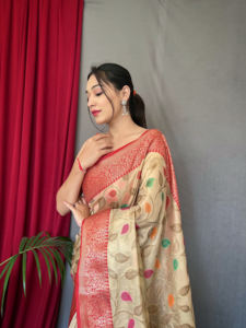 PURE <b>TISSUE</b> SILK SAREE WITH ZARI WEAVING and MEENA WORK WITH RUNNING BLOUSE and ELEGANT JAAL on the BODY. - Product Image 2