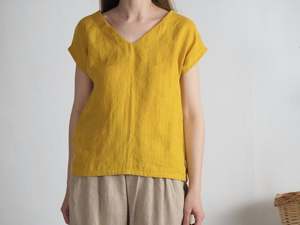 เสื้อผ้าฝ้าย100% สำหรับผู้หญิงแขนสั้นคอวีสบายๆด้านบน - Product Image 5