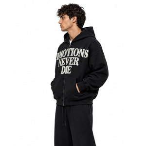 Emotions Never Die Zip-Up Hoodie <b>Men</b> Oversized Casual <b>Black</b> Cotton French Terry Hooded <b>Sweatshirt</b> Autumn Style - Product Image 4