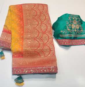 KIMORA BANDHEJ SINDHURI FABZONE Georgette Zari Weaving <b>Silk</b> Viscose Women's Party Festival Saree India & Pakistan In-Stock - Product Image 5