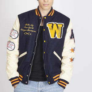 Veste Letterman personnalisée OEM pour hommes avec patchs brodés col montant thème collège/baselbball disponible en vente en gros - Product Image 5
