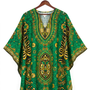 Robe Dashiki Africaine pour Femme - Imprimé Bogolan Vert Premium en Lin et Coton, Manches Courtes, Respirante, Écologique, Coupe Ample Traditionnelle - Product Image 1