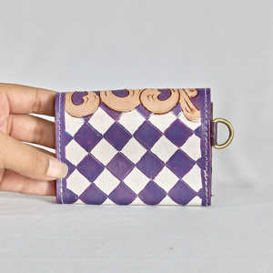 Porte-cartes pliable à motif géométrique violet avec fermeture à bouton, portefeuille court pour femme, en cuir véritable - Product Image 3