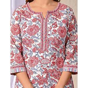 ชุดคุรตะผ้าฝ้ายสีขาวพร้อมกางเกงขายาว แขนสามส่วน ลายพิมพ์บล็อก เหมาะสำหรับใส่ในชีวิตประจำวัน - Product Image 2