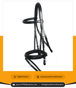 Brida de caballo de cuero negro genuino de alta calidad con banda para cejas de diamantes de imitación y banda ancha para la nariz para carreras portátil en la India - Product Image 6