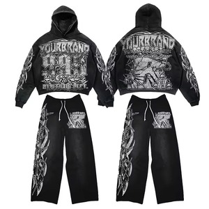 Conjunto de Sudadera con Capucha y Pantalones de Chándal de Algodón 100% Personalizado para Invierno, con Bordado, Apliques, Efecto Desgastado, Lavado Ácido y Estilo Acampanado - Product Image 6