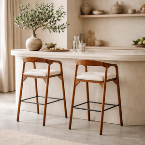 Tabouret de bar en bois de manguier massif |   Chaise de comptoir moderne Japandi |   Chaise de bar en bois rembourrée, couleur personnalisée, usage commercial, garantie 10 ans - Product Image 1