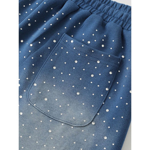 Short personnalisé en strass bleu délavé pour hommes Streetwear d'été Short de survêtement en coton doux avec cordon de serrage Hip Hop Gym Cordon de serrage plat - Product Image 6