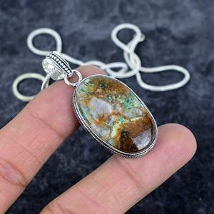 Crisocola de forma ovalada con tres piedras preciosas, collar de cadena de eslabones delicados Chapado en plata 925, regalo de boda bohemio para mujer - Product Image 4