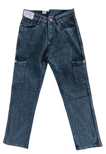 Pantalon cargo en denim tissé à chevrons bleu délavé vintage - Streetwear, jean ample à jambe droite avec poches latérales pour hommes - Product Image 3