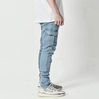 Jean en denim pour homme de haute qualité, bleu et noir patchwork, taille mi-haute, délavage clair, coupe droite ample, grandes tailles, vente en gros, style urbain, avec logo