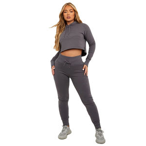 Vente en gros Sweat à capuche court gris acier pour femmes 45% coton 55% polyester doublure polaire placement sur le devant Sky Script Print pour l'hiver - Product Image 1