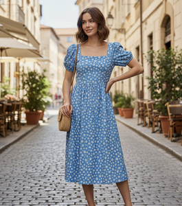 Vestido Midi Azul con Estampado Floral para Mujer, Cuello Cuadrado, Manga Abullonada, Corte en A, Informal, de Verano, de Algodón, OEM, ODM - Product Image 4