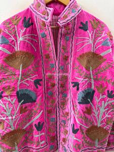 Manteau en velours brodé à la main avec motif floral, col mandarin, manches longues, style bohème, grande taille, vêtements d'extérieur pour femmes en hiver - Product Image 4