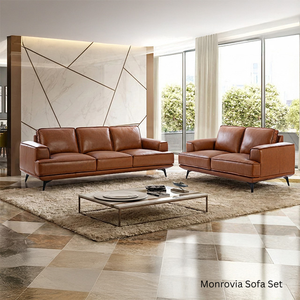 ชุดโซฟาห้องนั่งเล่นหรูหราทันสมัย โมนโรเวีย หนังแท้สีน้ำตาลคอนยัค โซฟา 3 ที่นั่ง 2 ที่นั่ง พร้อมขาโลหะ เฟอร์นิเจอร์ตกแต่งบ้าน - Product Image 1