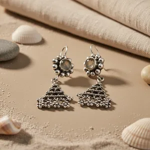 Boucles d'oreilles pendantes vintage en argent tibétain avec motif floral en pierre d'agate pour femmes - Product Image 2