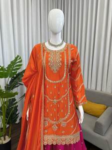 Conjunto de Kurti y Sharara hasta la rodilla, hecho a mano, en colores hermosos, especial para fiestas, tallas M a 3XL, con dupatta, para mujer. - Product Image 4