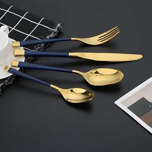 Ensemble de couverts en acier inoxydable doré, manche bleu PVD, poli miroir, pour repas de luxe - Product Image 2