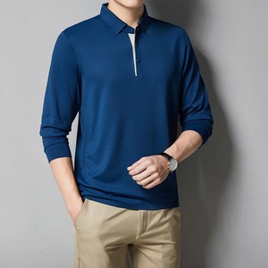 Automne nouveaux hommes Smart décontracté à manches longues mince pour polos hauts 100% coton solide bouton élastique sans Trace simplicité mode - Product Image 5