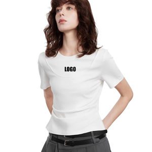 เสื้อยืดคอกลมสำหรับผู้หญิงเสื้อยืดระบายอากาศได้ดีคอกลมผ้าฝ้าย100% ขายส่งโลโก้ตามสั่ง - Product Image 1