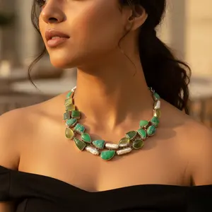 "Fine Beaded <b>Green</b> Gemstone Statement <b>Necklace</b> for Women-925 Silver" - Product Image 3