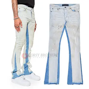 Hot Selling Men's Distress Hole Flare Fit White Blue Denim Pants Custom Men's Jeans Pants