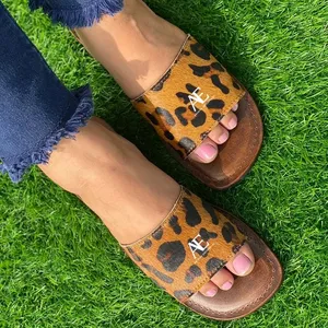 Real Handmade Genuine Women Western Style Animal Print Fur Sandals Casual Outdoor Flipflops Flats Footwear Open Toes Sandals